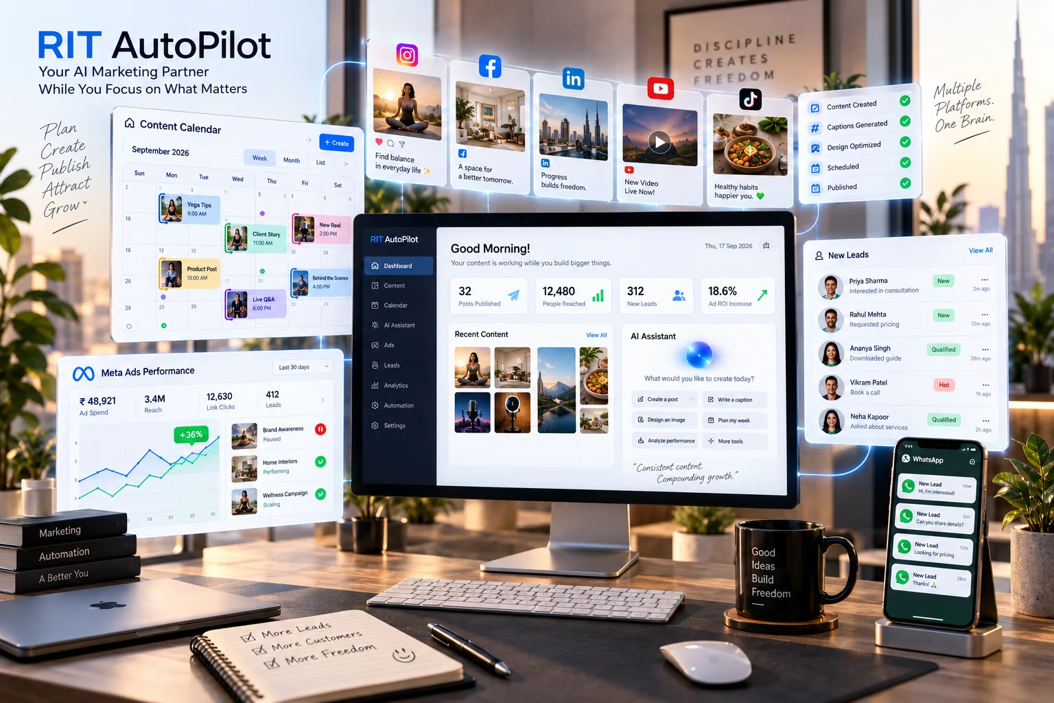 AutoPilot dashboard — Good Morning screen with posts published, people reached, new leads and ad ROI, plus content calendar, Meta ads performance, leads CRM and WhatsApp notifications
