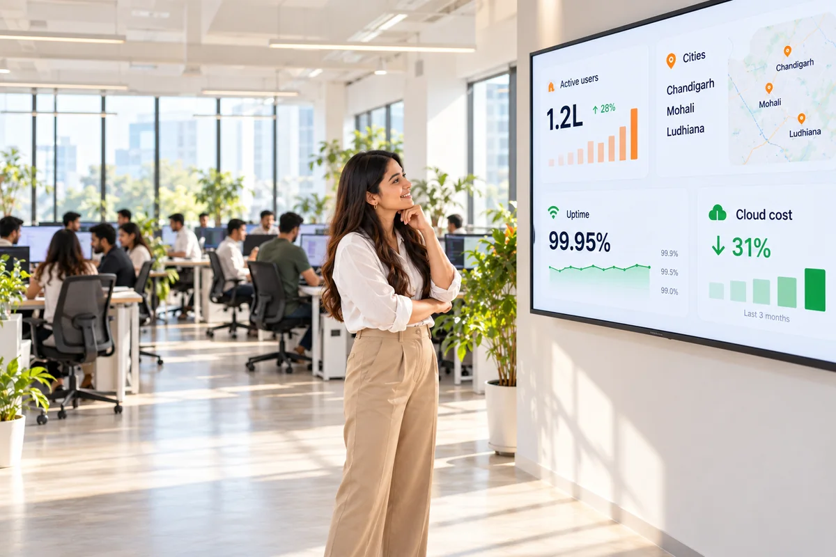 Founder bade office mein scale dashboard dekhti hui — 1.2L active users, 3 cities, cloud cost 31% kam