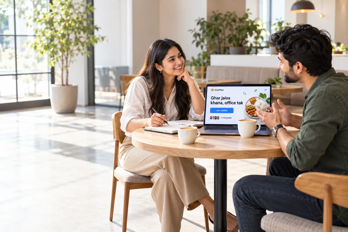 Founder cafe mein user interview karta hua, laptop pe GharPlate waitlist page — 1,146 joined