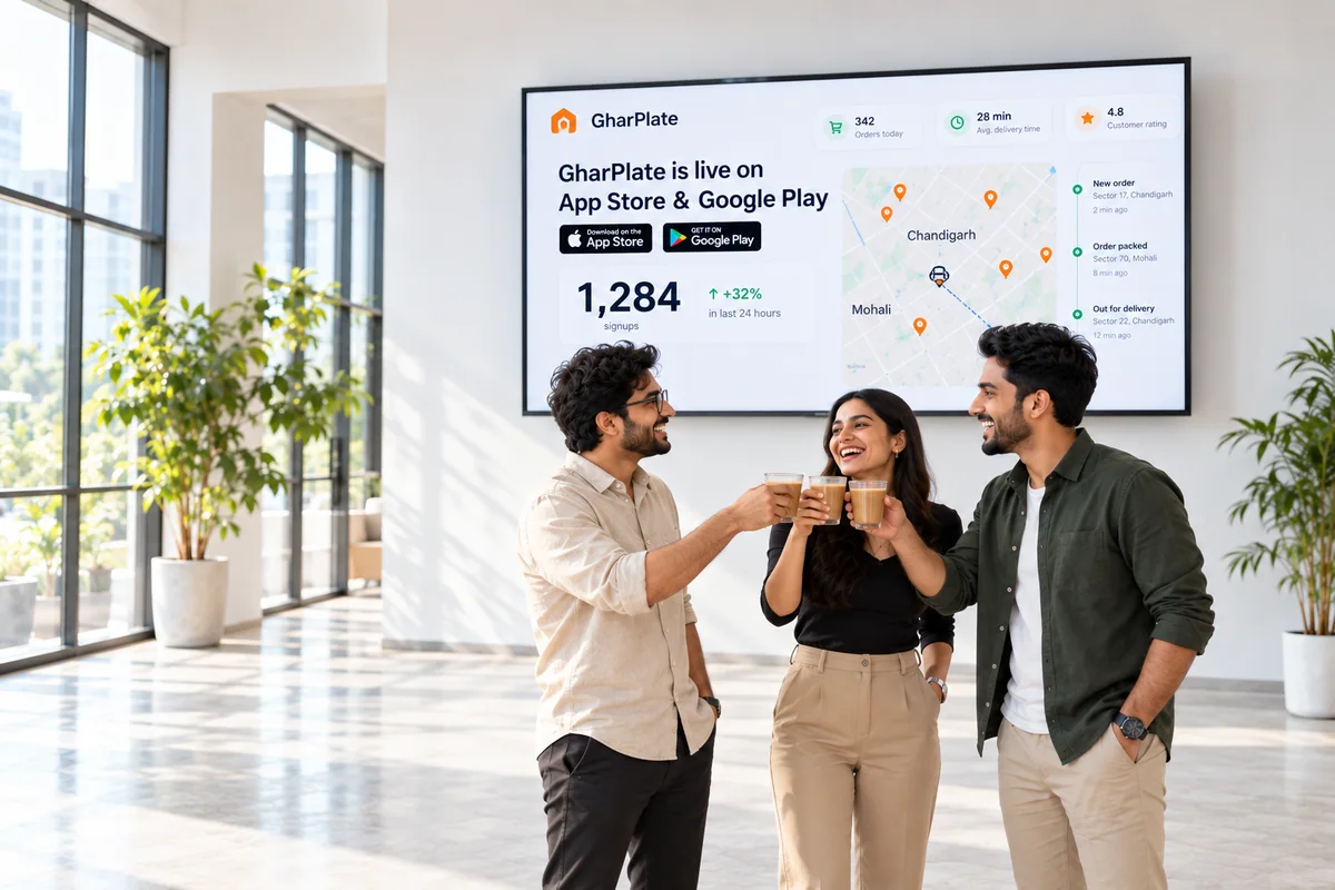 Founders chai ke saath celebrate karte hue — GharPlate App Store aur Google Play pe live, 1,284 signups