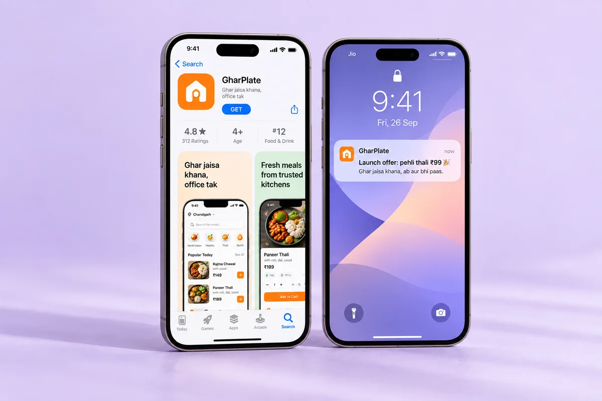 GharPlate App Store page 4.8 star 312 ratings aur launch offer push notification