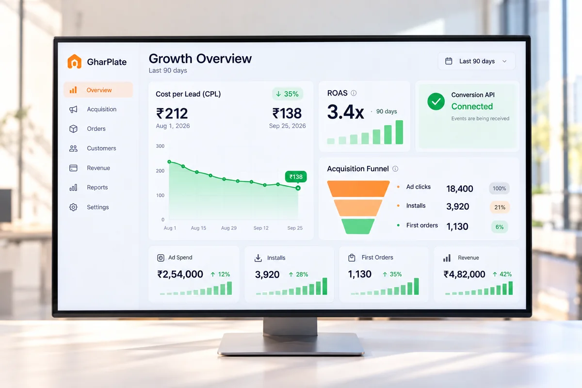 Growth overview — CPL ₹212 se ₹138, ROAS 3.4x, acquisition funnel aur Conversion API connected