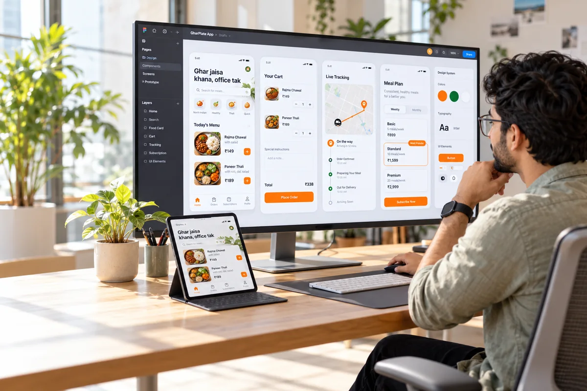 Product designer Figma mein GharPlate app ke screens aur design system banata hua