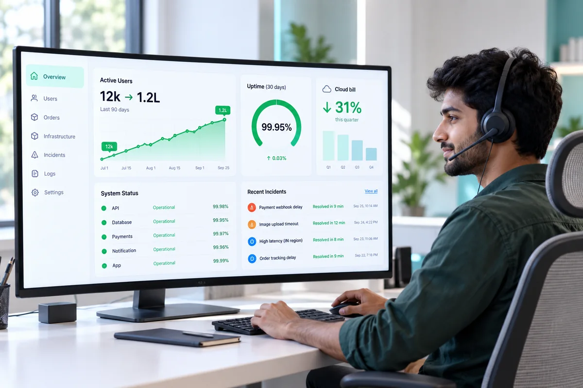 Support engineer monitoring dashboard ke saath — 12k se 1.2L users, 99.95% uptime, cloud bill 31% kam