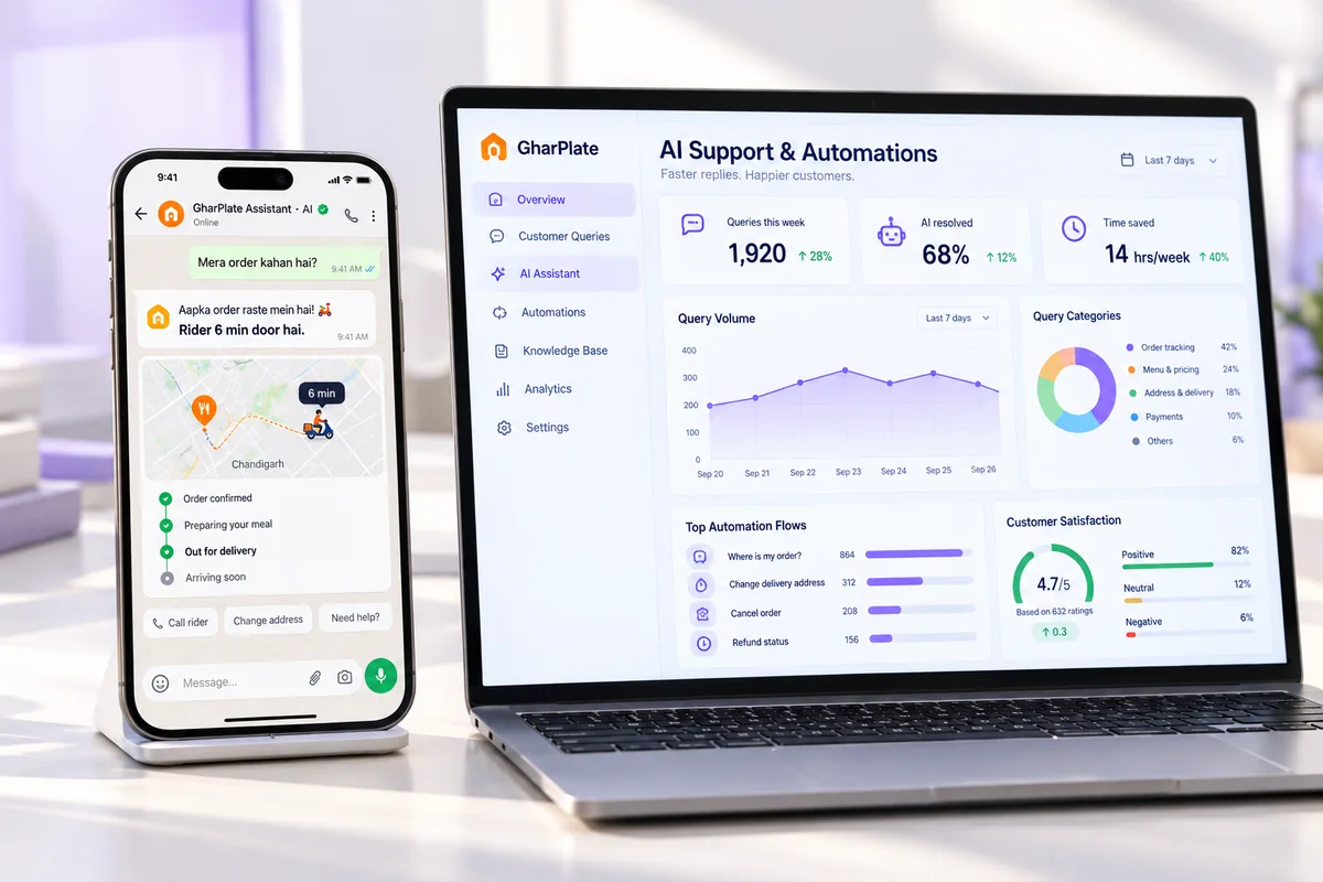 WhatsApp AI assistant order status bata raha hai aur automation dashboard — 68% queries AI resolved, 14 ghante bache